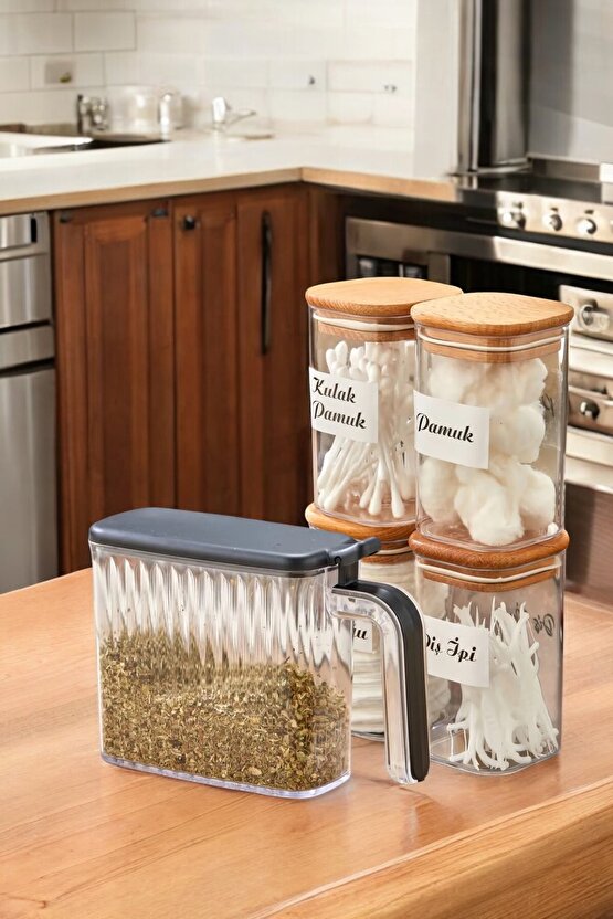 12 li Standlı Kendinden Yapışkanlı Kapaklı Kaşıklı Baharatlık Takımı Ve 4lü Ahşap Kapaklı Banyo Seti