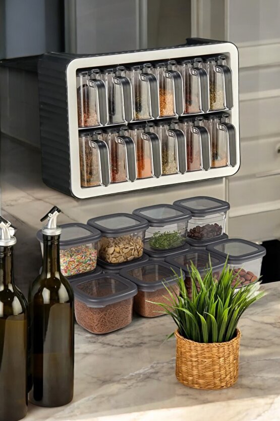 24 Parça Set 12li Stand Baharatlık Etiketli 12li 550 ml Saklama Kabı Set Kaşık 12 Hediye Etiket
