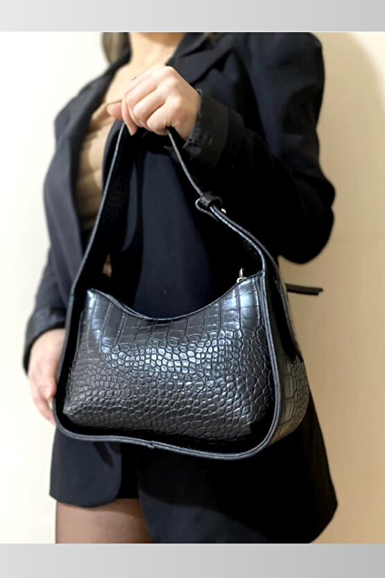 Siyah Wlc91 Kadın El Ve Omuz Çantası Kaliteli Işçilik Kroko Desenli Baget Çanta