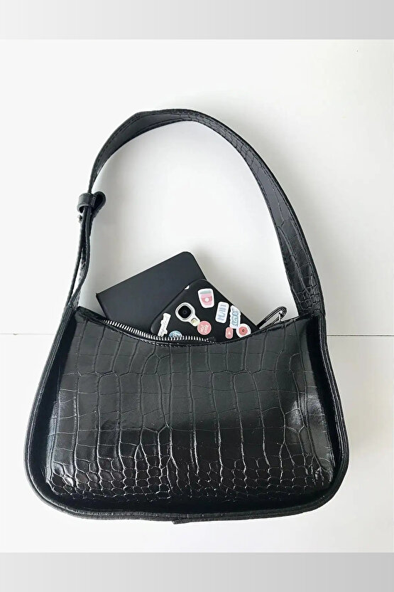 Siyah Wlc91 Kadın El Ve Omuz Çantası Kaliteli Işçilik Kroko Desenli Baget Çanta
