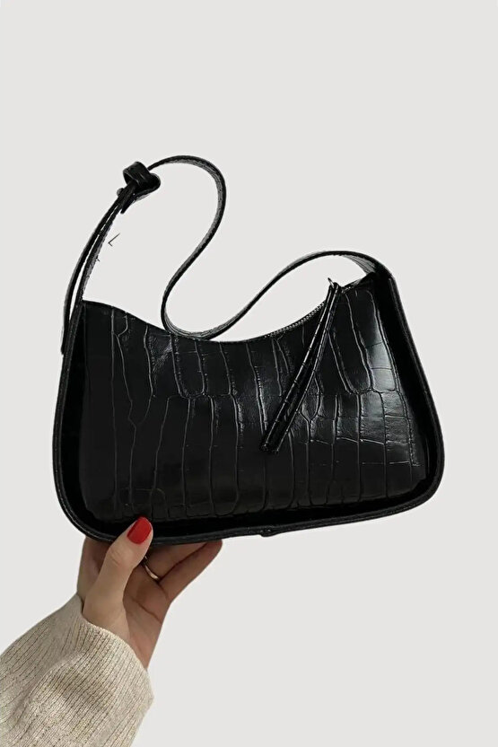 Siyah Wlc91 Kadın El Ve Omuz Çantası Kaliteli Işçilik Kroko Desenli Baget Çanta