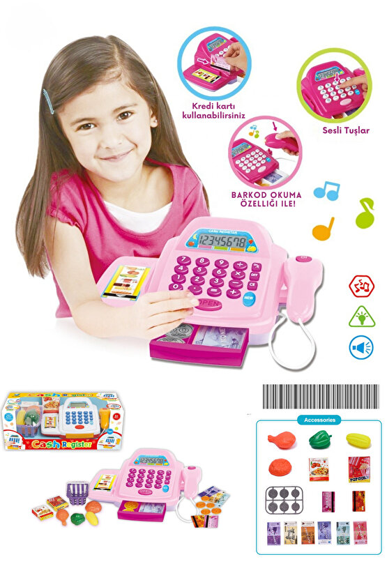 Oyuncak Işıklı Ve Sesli YazarKasa (Aksesuarlı) Hesap Makinası Barkod Okuyucu Alışveriş Set pilhediye
