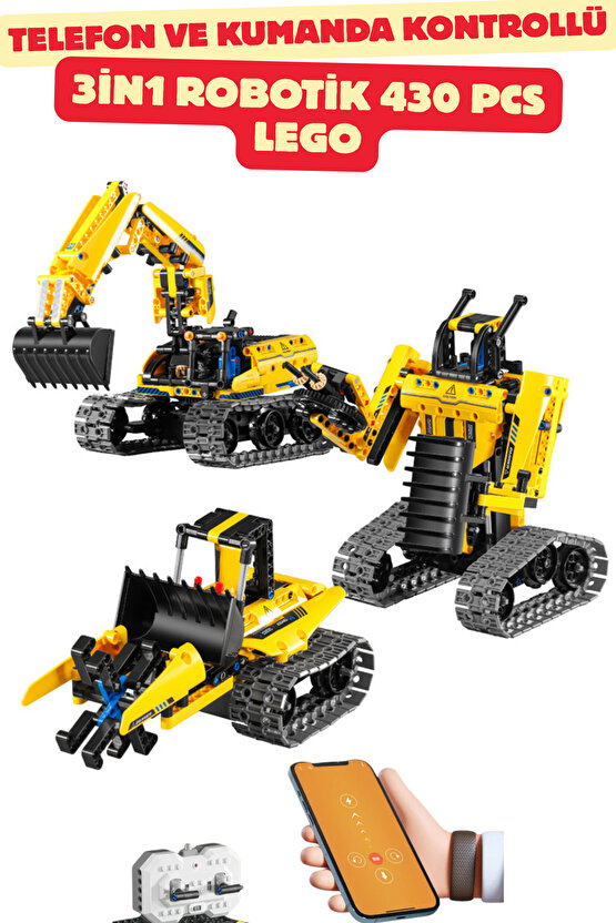 Oyuncak 430 Parça Telefon ve Kumanda Kontrollü Ekskavatör Robot ve Araba Lego im Master 3in1