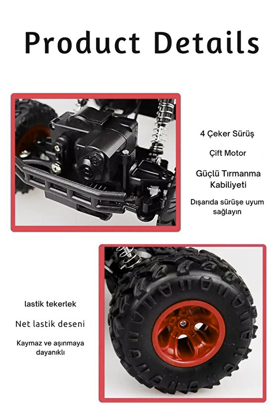 Oyuncak 4x4 Uzaktan Kumandalı Şarjlı Rock Crawler Büyük Teker Gerçekçi Araba 1:16 Ölçek