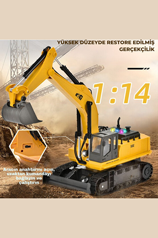 Oyuncak Sesli Işıklı Şarjlı 2.4Ghz Uzaktan Kumandalı 360° Dönen Metal Alaşım Ekskavatör İş Makinası