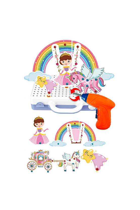 Oyuncak Eğitici Aktivite Mentossori 3D Eğitici Matkap  Tak Puzzle Seti Unicorn Serisi