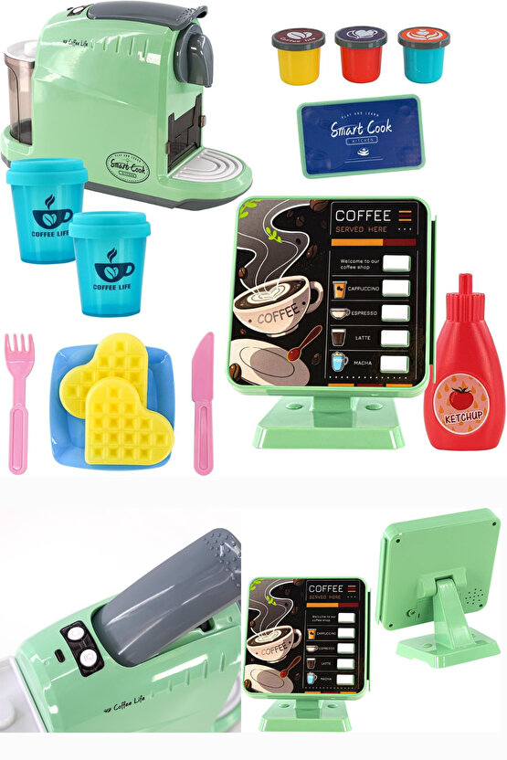 Oyuncak Sipariş Ekranlı Kahve Makinası 13 Parça Aksesuarları Birlikte Kahve Kapsüllü Kahve Dükkanım