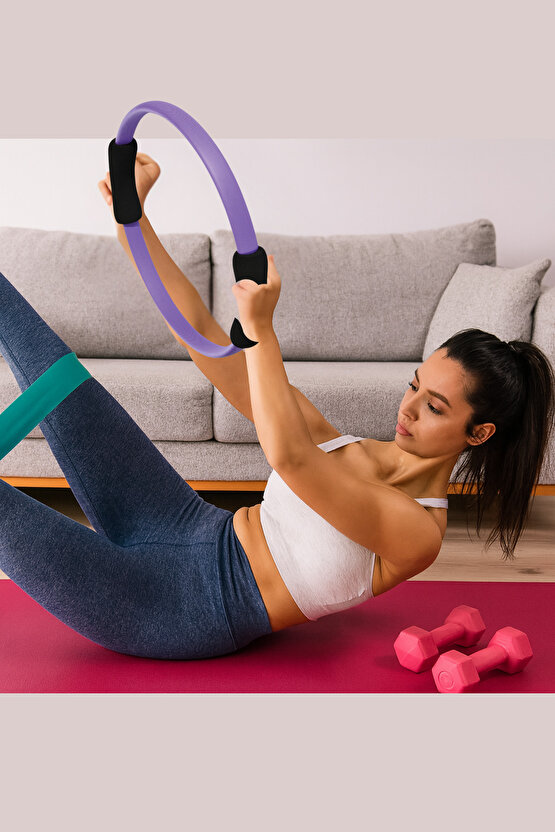 3lü Pilates Seti Evde Spor Direnç Lastiği Pilates Çemberi 2x1 kg Dambıl Evde Pilates Seti