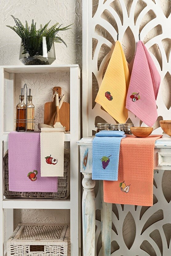 6 Parça %100 Pamuk 40 x 60cm Meyve Desenli Mutfak Havlusu Seti Mutfak Kurulama Bezi Seti