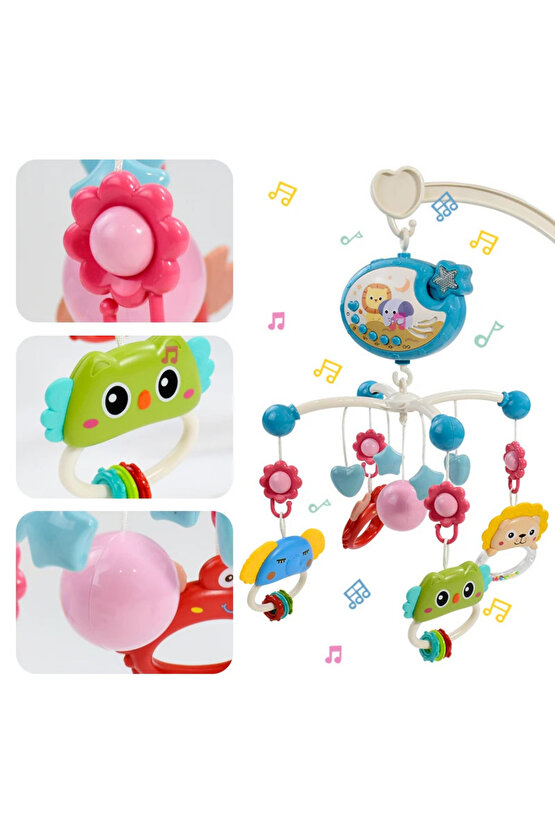 Pilli Işıklı Müzikli Projektörlü Kumandalı Sabitlemeli Dönence Çıngıraklı Bebek Yatıştırıcı Dönence