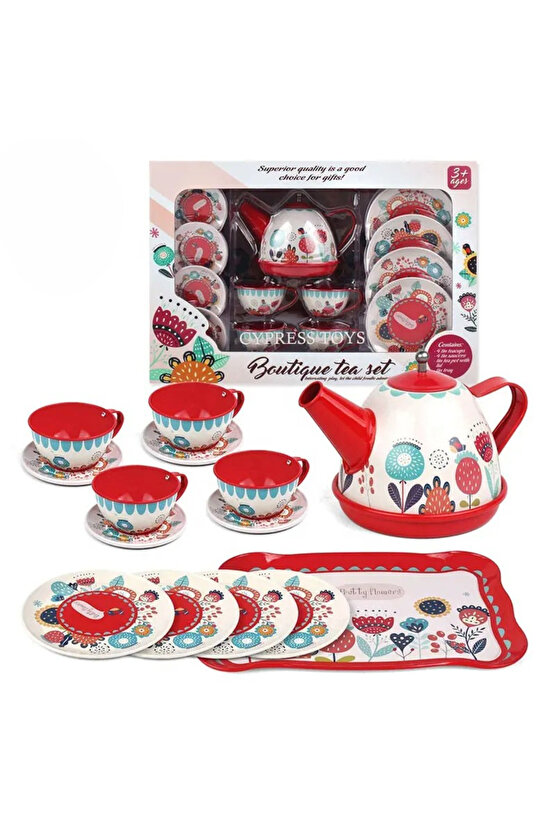 Oyuncak Evcilik Oyunu Aktivite 15 Parça Çiçekli Renkli Metal Çay Seti