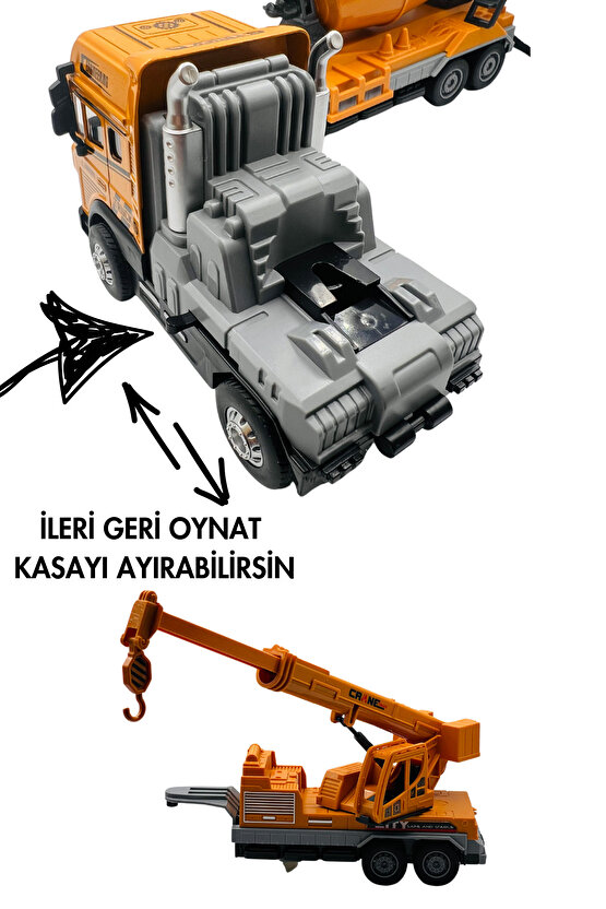 Oyuncak Kutulu İş Makinesi Sesli Işıklı Çek Bırak Metal Vinç, Beton Mikseri, Kamyon, Kepçe 30 Cm