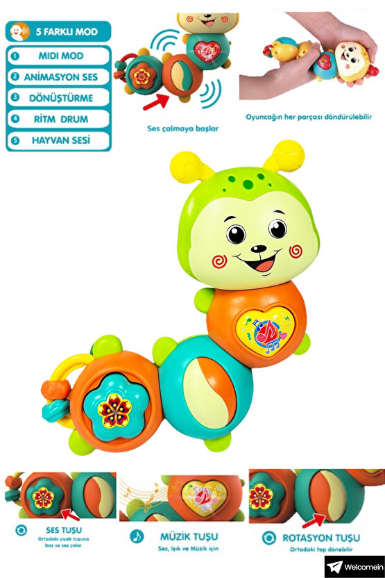 Oyuncak Işıklı ve Müzikli 5 Farklı Moda Sahip Eğitici Tırtıl Bebek Piyanosu