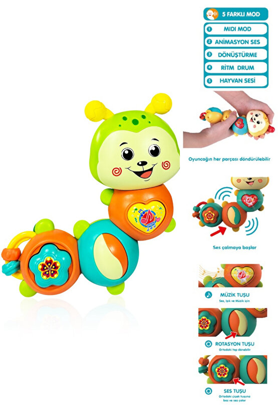 Oyuncak Işıklı ve Müzikli 5 Farklı Moda Sahip Eğitici Tırtıl Bebek Piyanosu