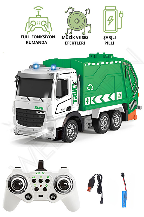 Oyuncak 2.4GHz Full Fonksiyon Uzaktan Kumandalı 1:12 Ölçek Işıklı ve Sesli Şarjlı Çöp Arabası