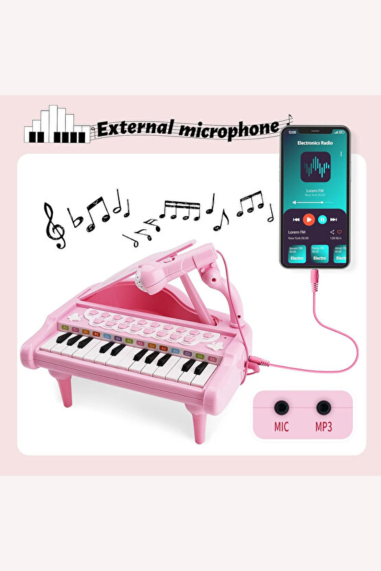 Çocuklar için Mikrofonlu 31 Tuşlu Mp3 Çalar Siyah Piyano Müzik Aktivite Oyuncağı