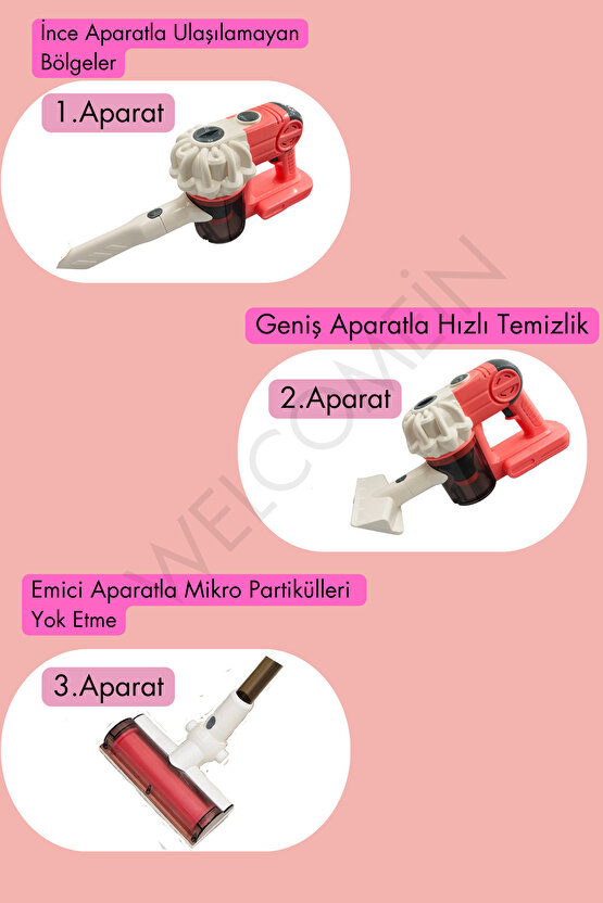 Pembe Kablosuz Model Oyuncak Süpürge Dikey Süpürge Seti 3 Başlıklı Pilli Temizlik Aktivite