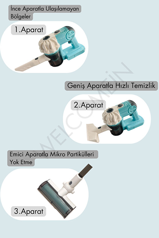 Mavi Kablosuz Model Oyuncak Süpürge Dikey Süpürge Seti 3 Başlıklı Pilli Temizlik Aktivite