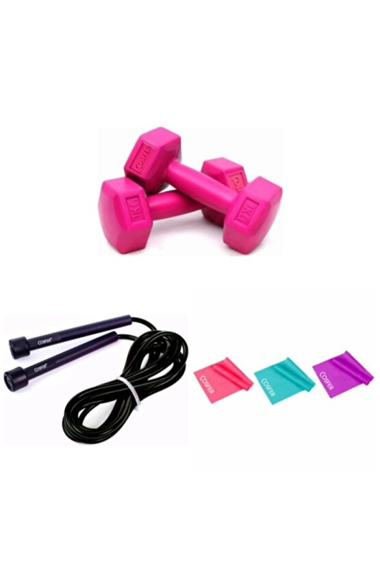 Pilates,egzersiz Seti( 1 Kg *2 Adet Dambıll,3lü Pilates, Direnç Bandı 90*7,5 Cm,1 Adet Atlama Ipi)
