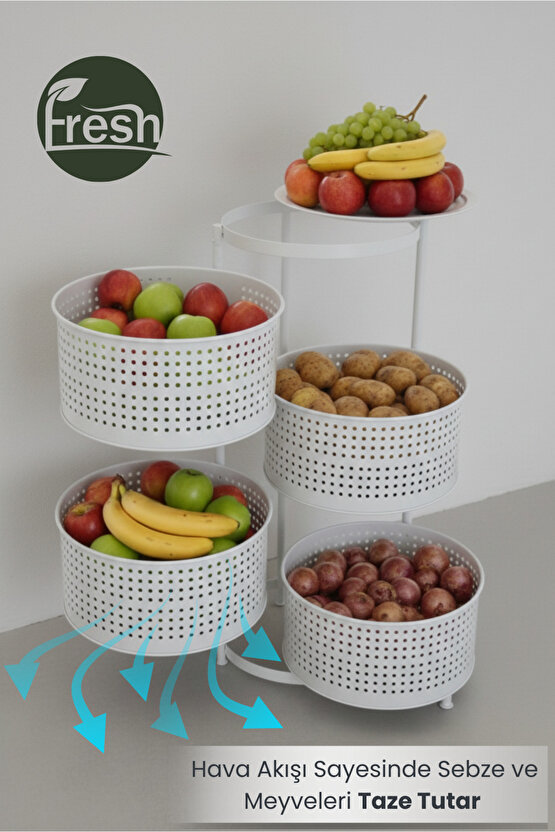 4 Katlı Tepsili Kule Sebzelik Açılır Metal Patates Soğan Meyvelik Sepetli Rafı Beyaz