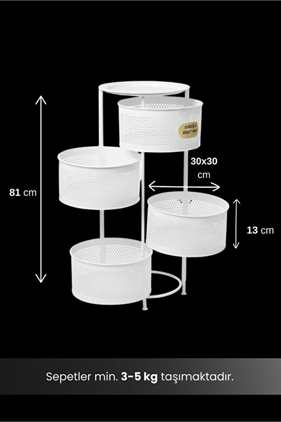 4 Katlı Tepsili Kule Sebzelik Açılır Metal Patates Soğan Meyvelik Sepetli Rafı Beyaz