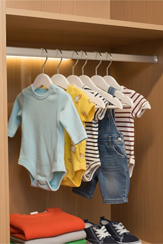 12 Adet - Bebek ve Çocuk Boy Ahşap Görünümlü Plastik A Kalite Elbise Askısı Tshirt Pantolon Askı