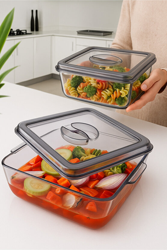Kare Contalı Kapaklı Saklama Kabı - 2 Lt - Antrasit
