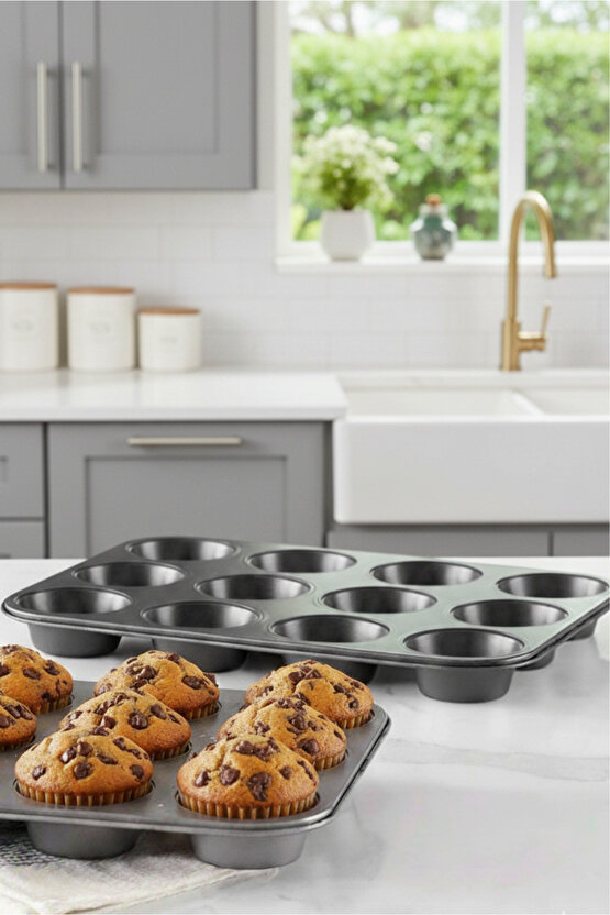 12li Muffin Cupcake Pişirme Kalıbı Yapışmaz Çok Amaçlı Fırın Kalıbı