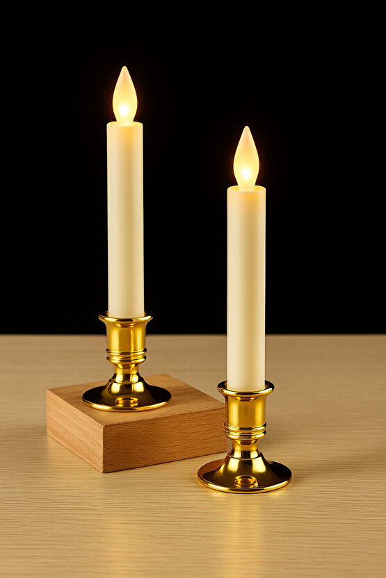 2 Adet Altın Şamdanlı LED Mum - Gerçek Alev Efektli - Dekoratif Işıklı Mumlar - Gold Şamdan