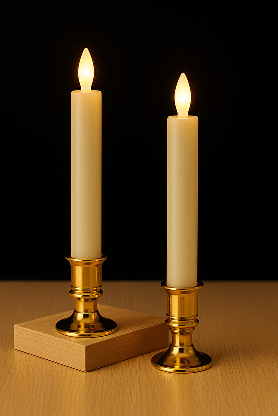 2 Adet Altın Şamdanlı LED Mum - Gerçek Alev Efektli - Dekoratif Işıklı Mumlar - Gold Şamdan