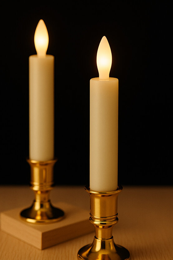2 Adet Altın Şamdanlı LED Mum - Gerçek Alev Efektli - Dekoratif Işıklı Mumlar - Gold Şamdan