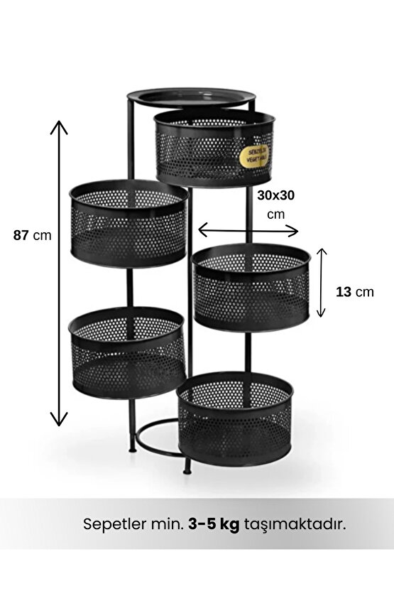 Kule Sebzelik 5 Katlı Tepsili Açılır Metal Patates Soğan Meyvelik Sepetli Rafı Siyah