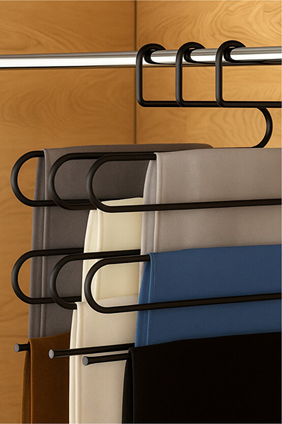 Siyah 5 Bölmeli Metal Elbise Askısı - Giysi Pantalon Fular Kıyafet Gardrop Düzenleyici Organizer