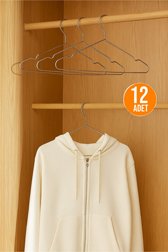12li Paslanmaz Metal Kıyafet ve Elbise Askısı Tel Askı