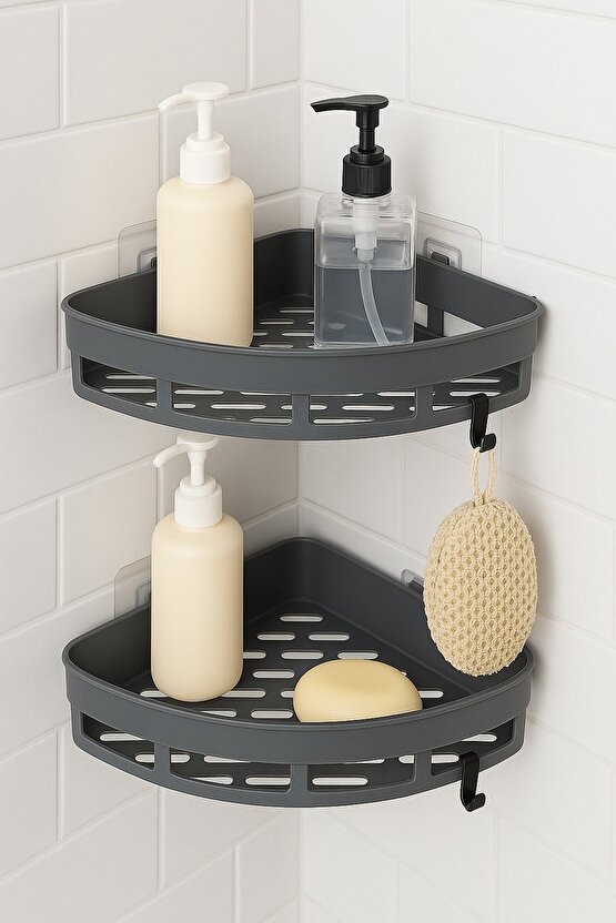 2’li Yapışkanlı Köşe Rafı - Düzenleyici - Suya Dayanıklı Banyo ve Mutfak Organizeri (Gri)