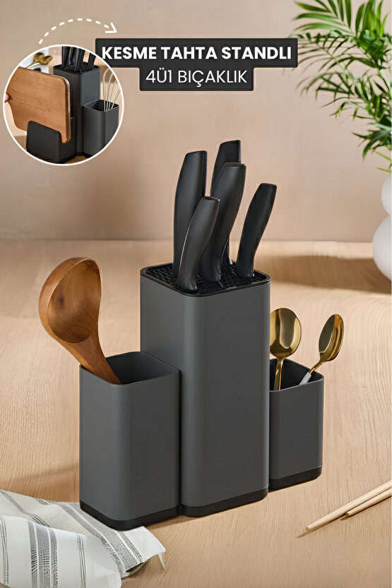 4Ü1 Bıçaklık Kaşıklık Kesme Tahta Standlı Mutfak Tezgah Üstü Dik Düzenleyici