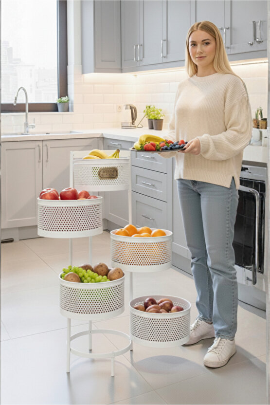 Kule Sebzelik 5 Katlı Tepsili Açılır Metal Patates Soğan Meyvelik Sepetli Rafı Beyaz