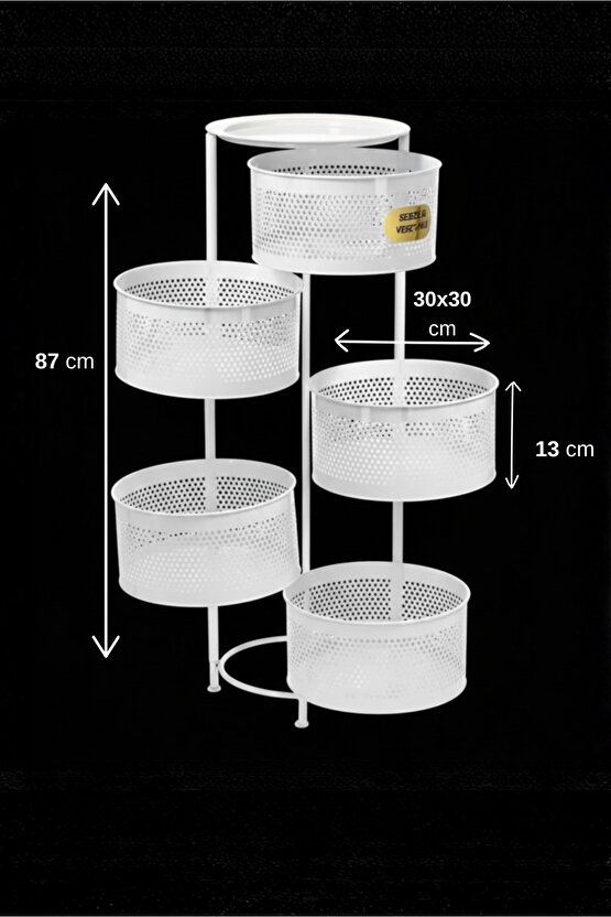 Kule Sebzelik 5 Katlı Tepsili Açılır Metal Patates Soğan Meyvelik Sepetli Rafı Beyaz