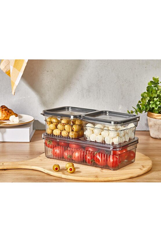 3lü Saklama Kabı Seti - Buzdolabı Düzenleyici& Piknik Taşıma Kabı Seti (1,80lt x1 - 0,85lt x2)