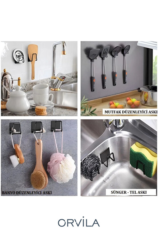 3 Adet - Kendinden Yapışkanlı Çok Amaçlı Metal Askı - Siyah