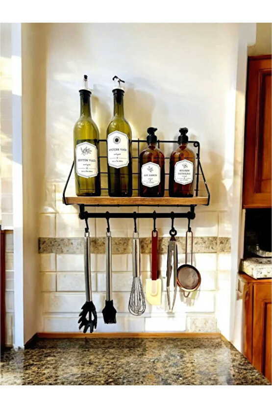 Ahşap Standlı Metal Dekoratif Mutfak Rafı - Asılabilir Kancalı