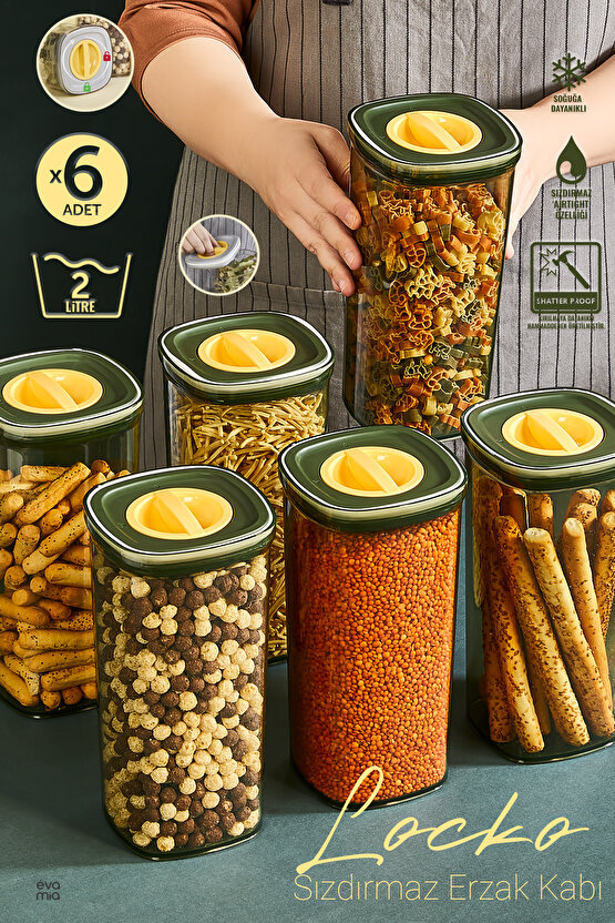 6x Adet Yeşil Locko Sızdırmaz Saklama Kabı 2LT & Erzak Kabı