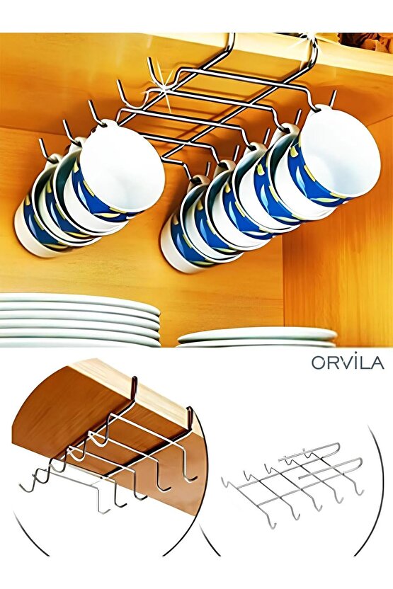 Raf Altı Asılabilir 10 Kancalı Fincan Ve Kupa Bardak Düzenleyici Askılığı - Krom
