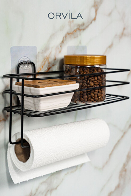 Kendinden Yapışkanlı Metal Kağıt Havluluklu Mutfak ve Banyo Düzenleyici Organizer - Siyah