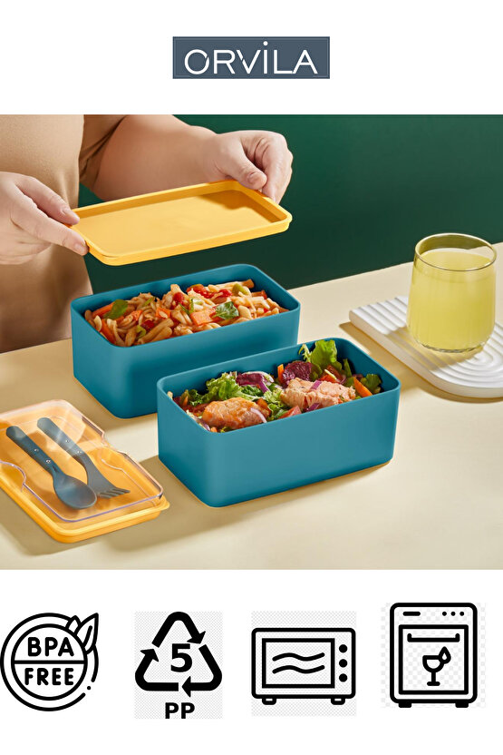 Mega Boy 2 Katlı Yemek Saklama Kabı 2 Litre - Kendinden Çatal Kaşık Servisli Lunch Box Set