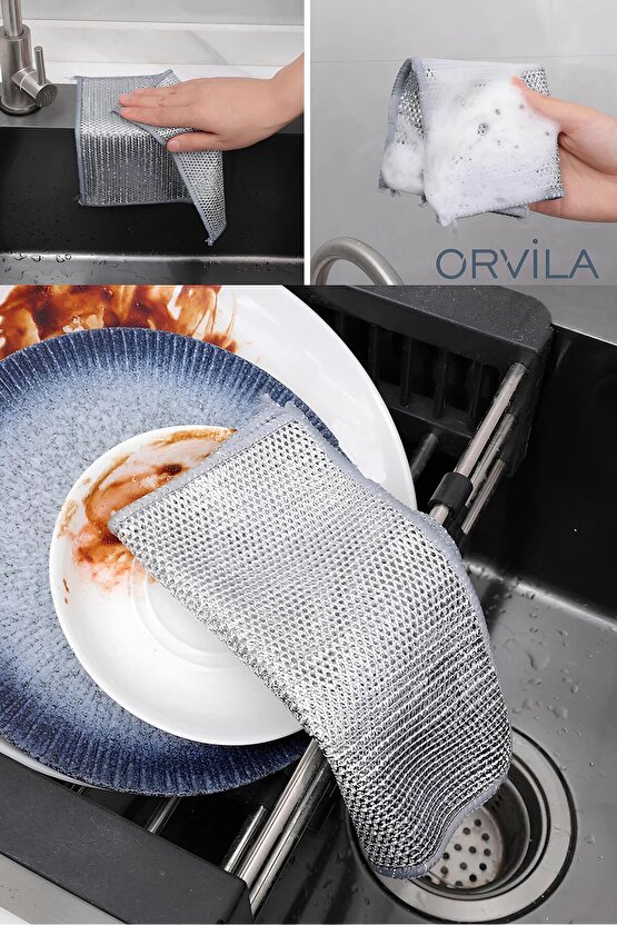 2 Adet Çift Taraflı Tel Bulaşık ve Temizlik Bezi Sihirli Bez Çok Amaçlı İşlevsel Tel Bez Çift Katlı