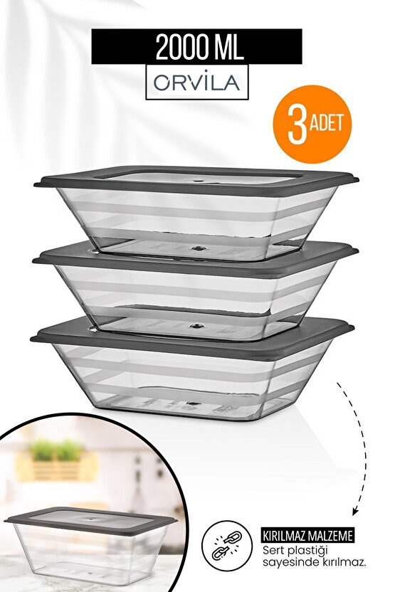 3lü Set Büyük Boy Prizma Dikdörtgen Saklama Kabı Mikrodalga Ve Difriz Uyumlu 2 Lt.