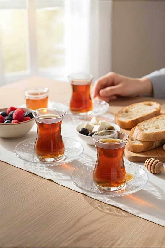 6Lı Çay Bardağı Altlığı Tabak Seti - Mika Kristal Çay Tabağı