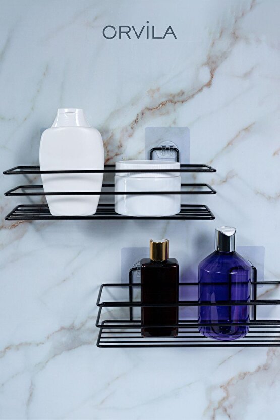 2 Adet - Yapışkanlı Paslanmaz Siyah Banyo Düzenleyici Organizer - Şampuanlık