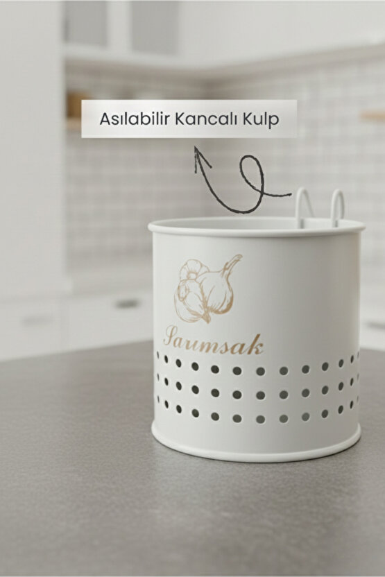 Metal Lüx Asılabilir Beyaz Sarımsaklık Kovası | Çeyizlik